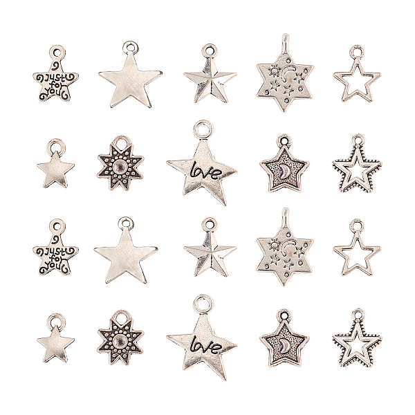 100Pcs 10 Styles Tibetan Style Alloy Star Charms