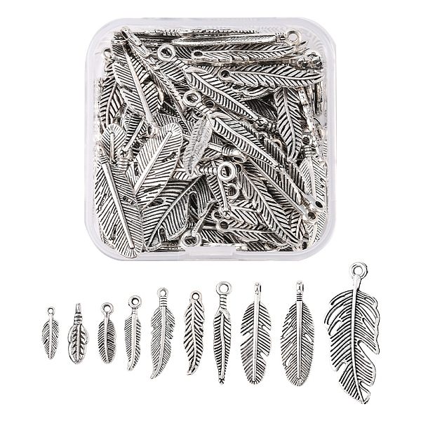 100Pcs 10 Style Tibetan Style Alloy Feather Pendants