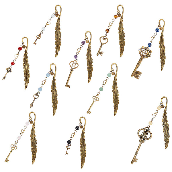 10Pcs 10 Style Tibetan Style Alloy Gemstone Bookmark