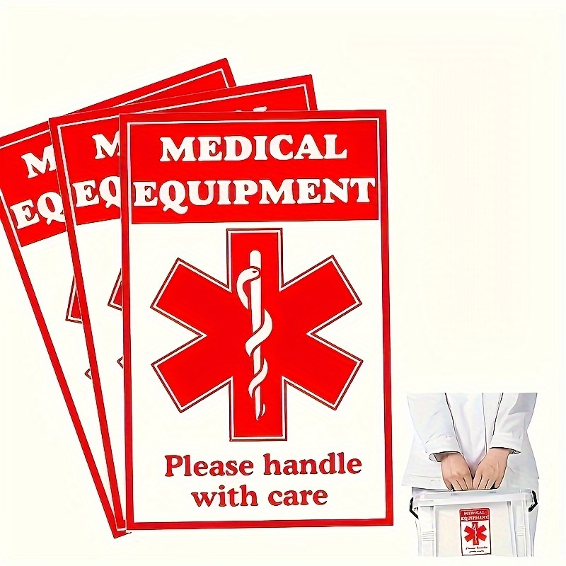 10pcs Medical Alarm Equipment Luggage Label Sticker, Red Fragile Medical Equipment Interior Sticker, Handle With Medical Supplies Care Label 3.9in/2.56in