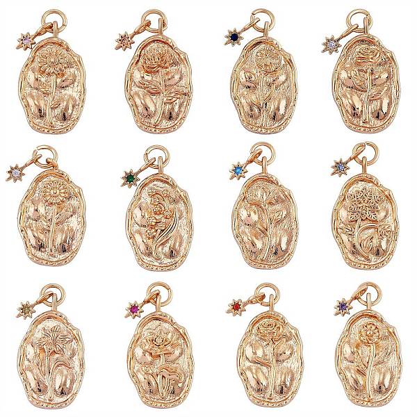 12Pcs 12 Style Brass Rhinestone Pendants