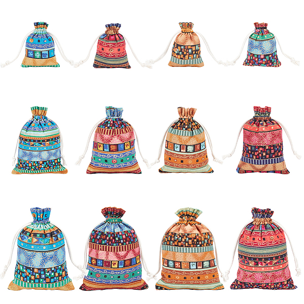 12Pcs 12 Styles Bohemian Rectangle Geometric Print Linenette Drawstring Bags