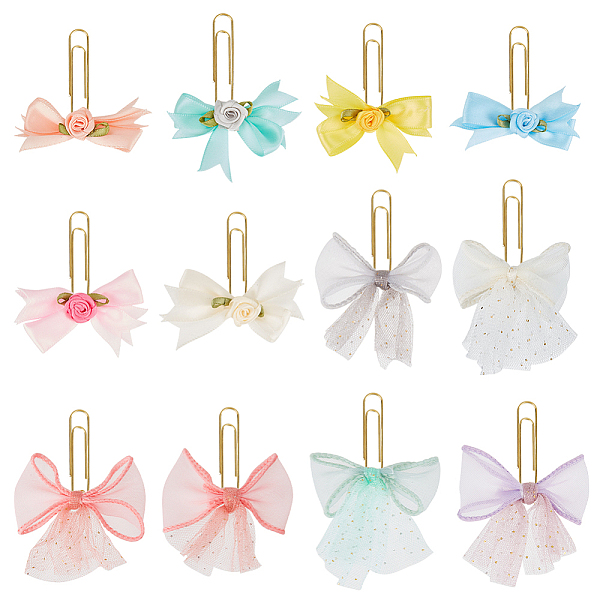 12Pcs 12 Styles Handmade Polyester Organza Bowknot Paper Clips