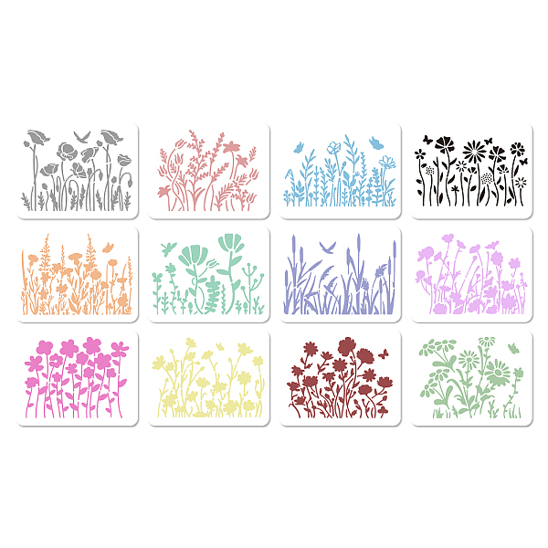 12Pcs 12 Styles PET Plastic Hollow Out Drawing Painting Stencils Templates