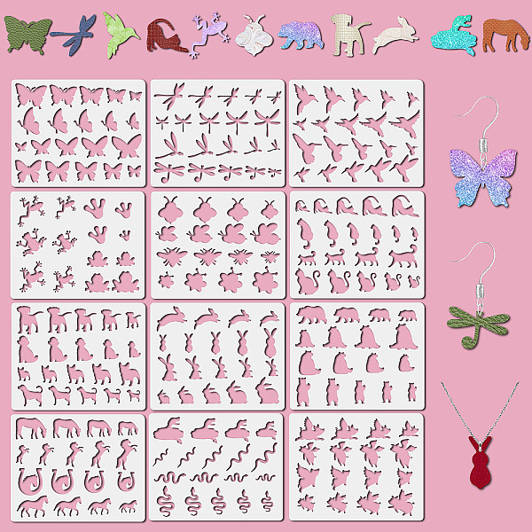 12Pcs 12 Styles PET Plastic Hollow Out Drawing Painting Stencils Templates