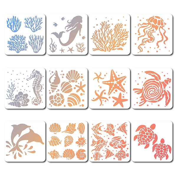 12Pcs 12 Styles PET Plastic Hollow Out Drawing Painting Stencils Templates