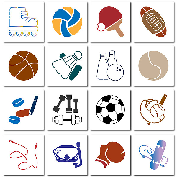 16Pcs 16 Styles Sport Ball Theme PET Plastic Hollow Out Drawing Painting Stencils Templates