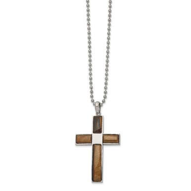 22-inch Stainless Steel Polished Tiger's Eye Cross Necklace