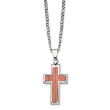 24-inch Stainless Steel Polished Wood Inlay Cross Necklace