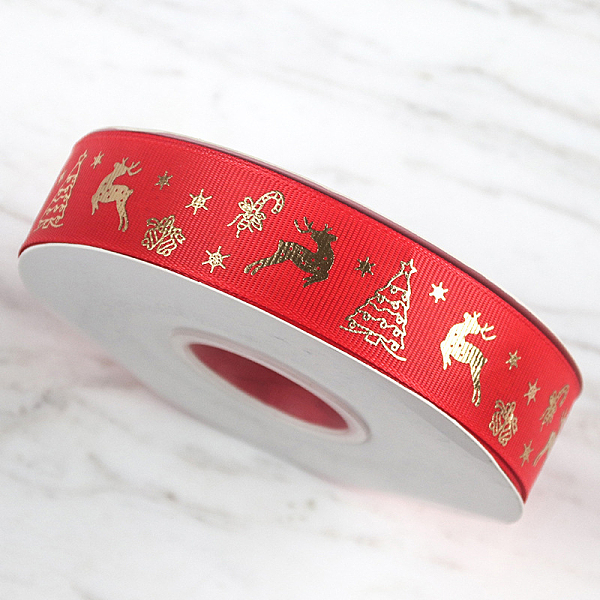 25 Yards Flat Christmas Reindeer Printed Polyester Grosgrain Ribbons