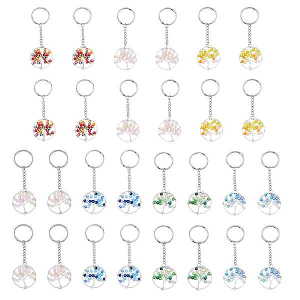 28Pcs 7 Colors Alloy Glass Keychains