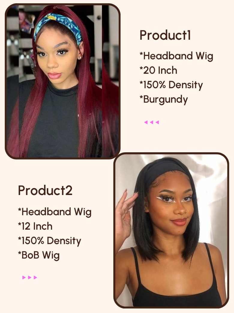 [2 Wigs $109] Headband 22" Burgundy Wig & 12" BOB Natural Color Wig