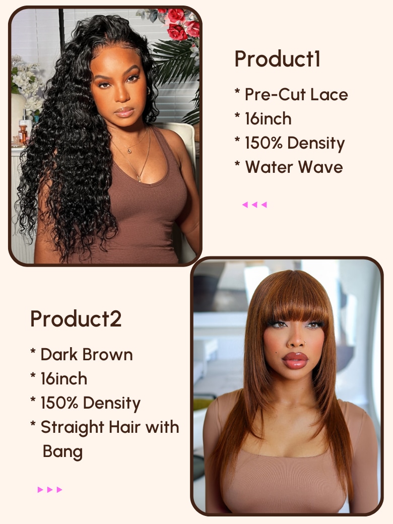 2 Wigs $185 for 16" Pre-cut Lace Water Wave Wig And 16" Dark Brown Straight Hair Wig with Bangs