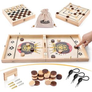3-in-1 Foldable Wooden Board Game with Sling Puck, Nine Men's Morris, and Checkers