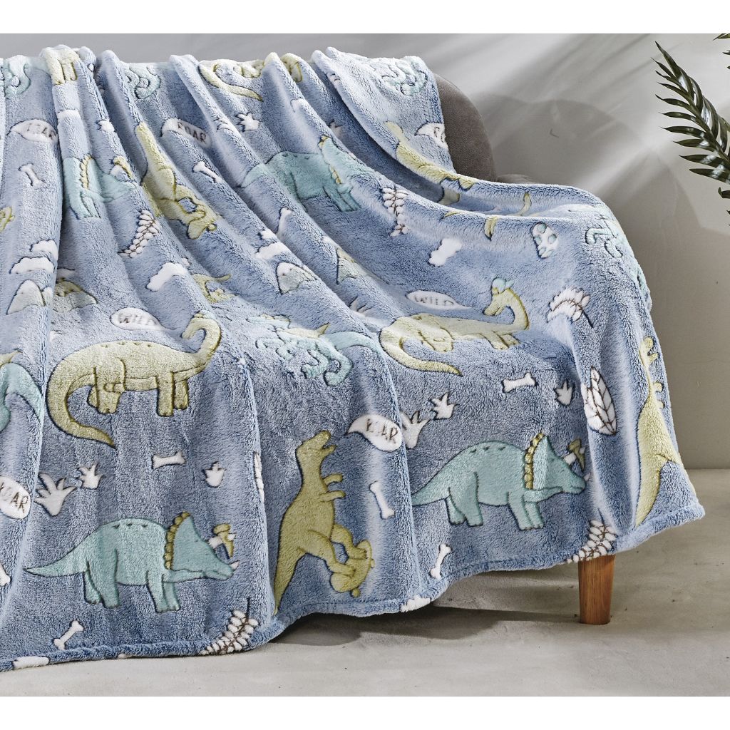 50 x 60-Inch Glow-in-the-Dark Blanket - Blue Dino & Friends