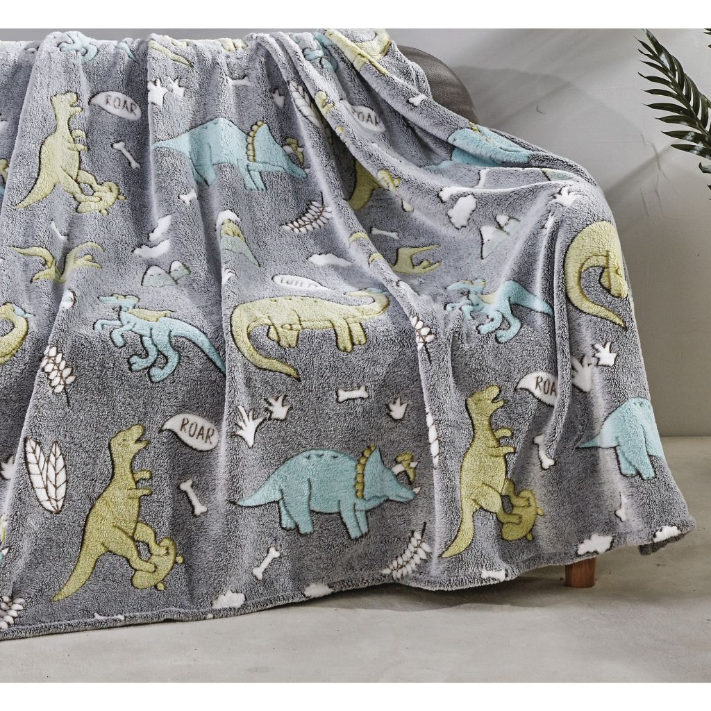 50 x 60-Inch Glow-in-the-Dark Blanket - Grey Dino & Friends