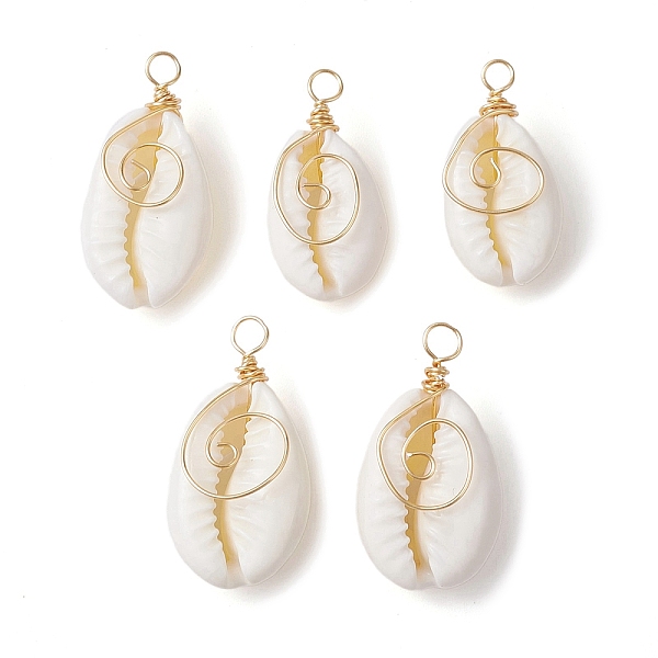 5Pcs Natural Cowrie Shell Copper Wire Wrapped Vortex Pendants