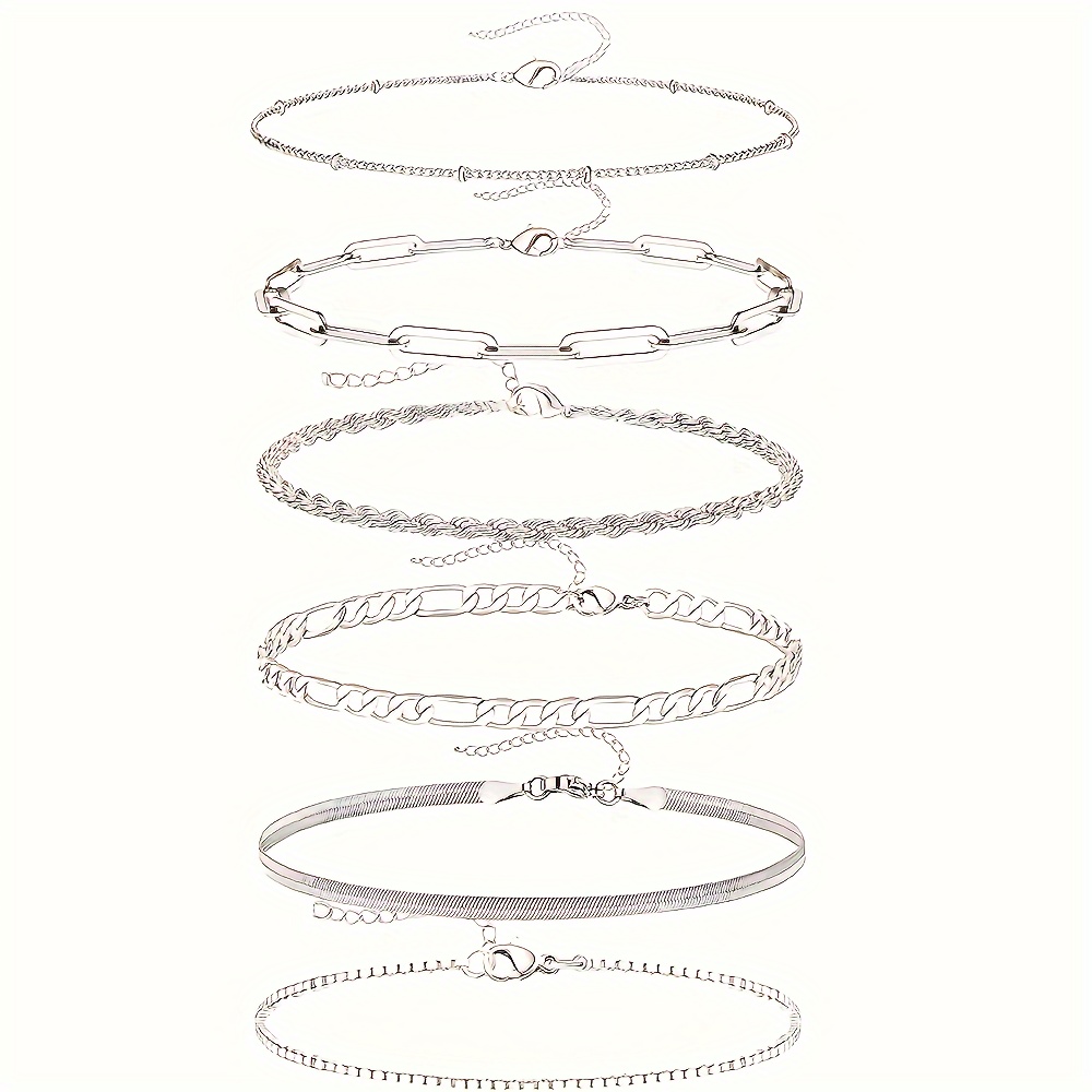 6pcs Dainty Silvery Chain Bracelets Set For Women Link Chain Bracelets For Women Trendy Silvery Stackable Bracelets For Jewelry Gifts Women