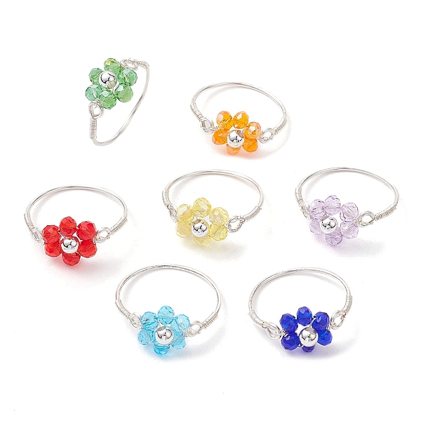 7Pcs 7 Styles Flower Glass Beads Finger Rings