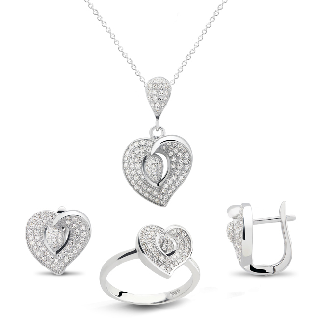 925 Sterling Silver Micro Pavé Heart Jewelry Set - Size 7