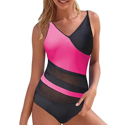 Aleumdr Women Color Block Print One Piece Swimsuits Mesh V Neck Padded Swimwear Bathing Suits