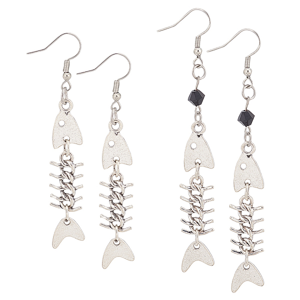 ANATTASOUL 2 Pairs 2 Style Alloy Fishbone Long Dangle Eararings for Women