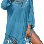 Beach Cover Ups for Women Holiday Hand Hook V-neck Splicing Long Sleeve Fringe Perspective Loose Sunscreen Sexy Smock One Size Blue