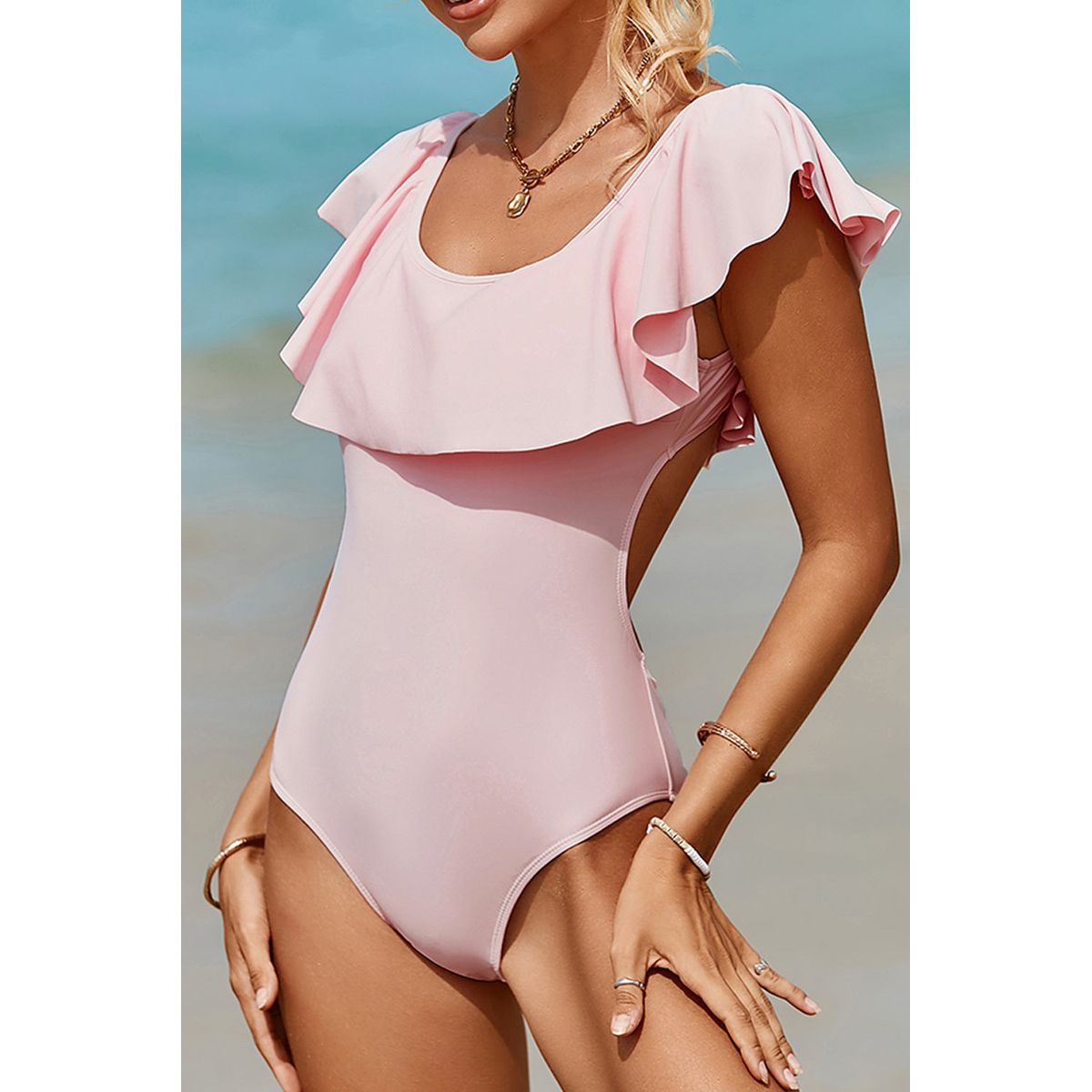 Bonnie Ruffle Overlapping Backless One-Piece Bathing Suit - Large (12-14)