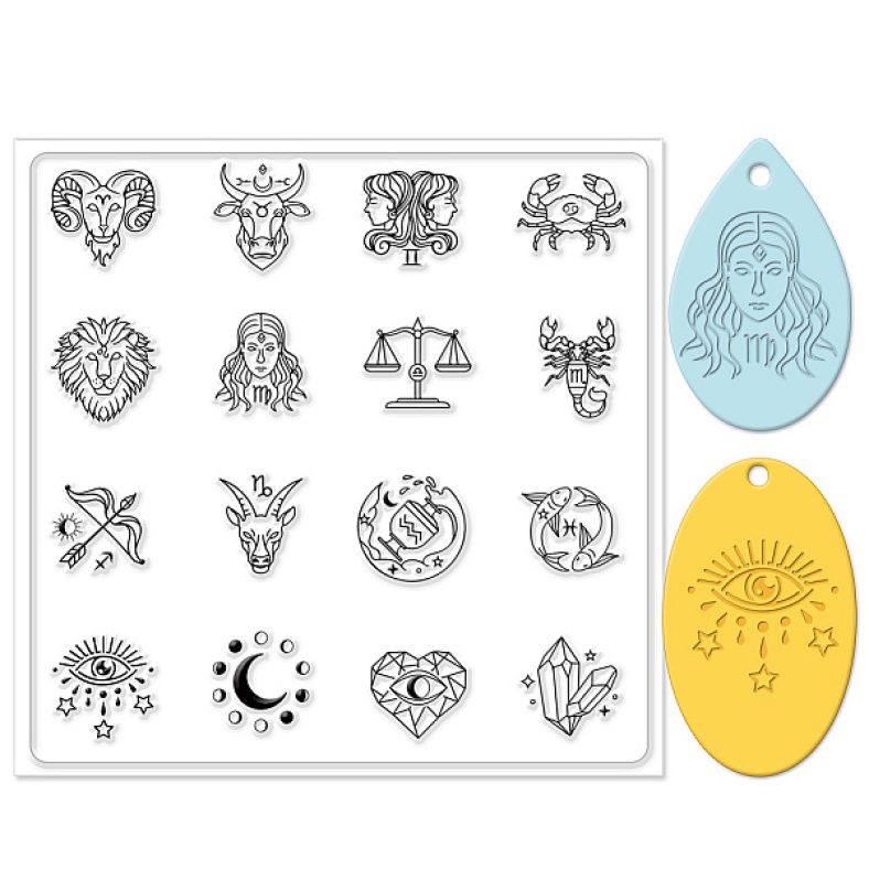 CHGCRAFT Polymer Clay Texture Sheets 12 Zodiac Signs Silicone Texture Stamp Divination Clear Clay Silicone Texture Sheets Clay Texture Mat Polymer Clay Tools for Jewelry Earring Making, 5.5×5.5inch