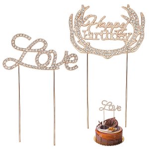 CRASPIRE 2Pcs 2 Styles Alloy & Rhinestone Cake Toppers