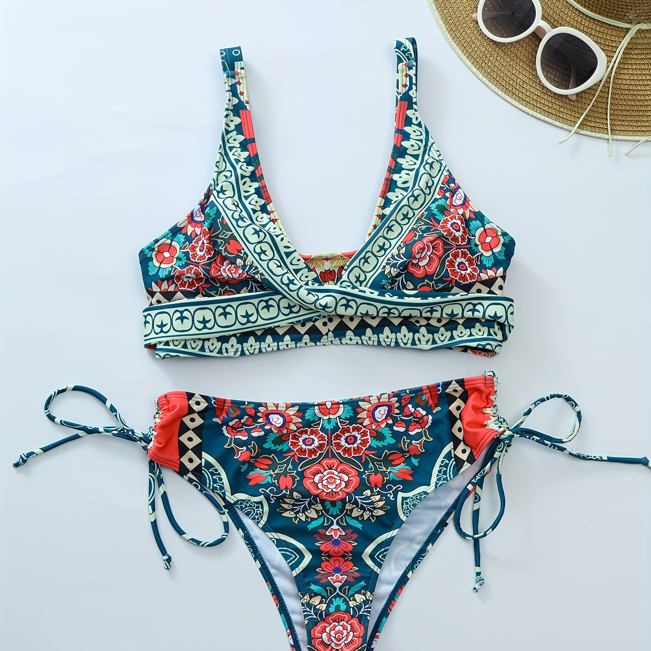 Floral Pattern 2 Piece Set Bikini, Tribal Style Tie Side High Cut Swimsuits, Women’s Swimwear & Clothing