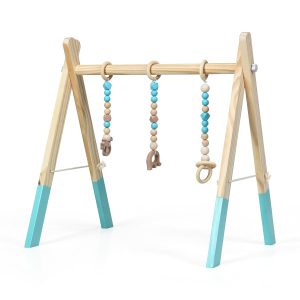 Foldable Wooden Baby Gym with 3 Wooden Baby Teething Toys - Green