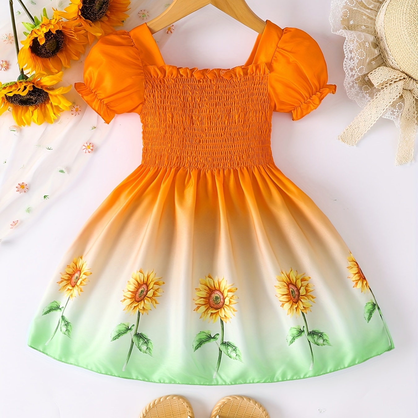 Girls Ombre Sunflower Pattern Shirred Puff Sleeve Princess Dress Kids Casual Summer Dress 4th Of July Dress