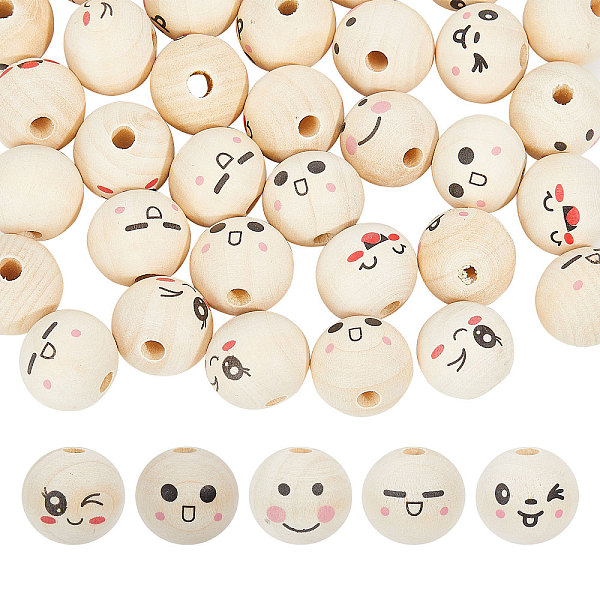 Globleland 60Pcs 6 Styles Unfinished Natural Wood Printed Beads