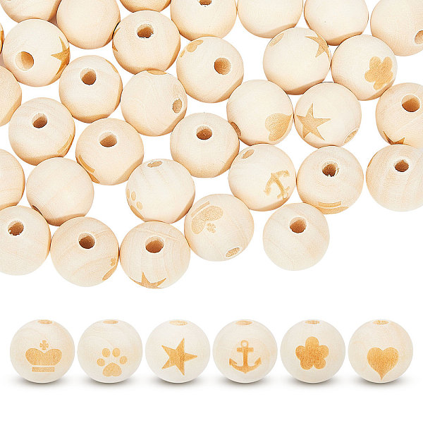 Globleland 60Pcs 6 Styles Wood European Carved Beads