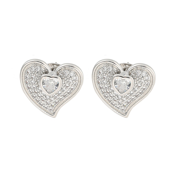 Heart Brass Pave Clear Cubic Zirconia Stud Earrings