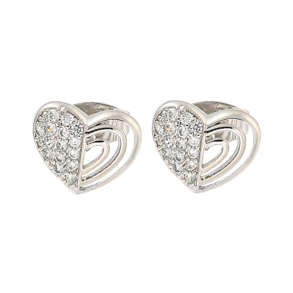 Heart Brass Pave Clear Cubic Zirconia Stud Earrings