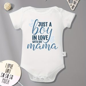 Infant's "just A Boy In Love With His Mama" Print Bodysuit, Casual Short Sleeve Onesie, Baby Boy's Clothing