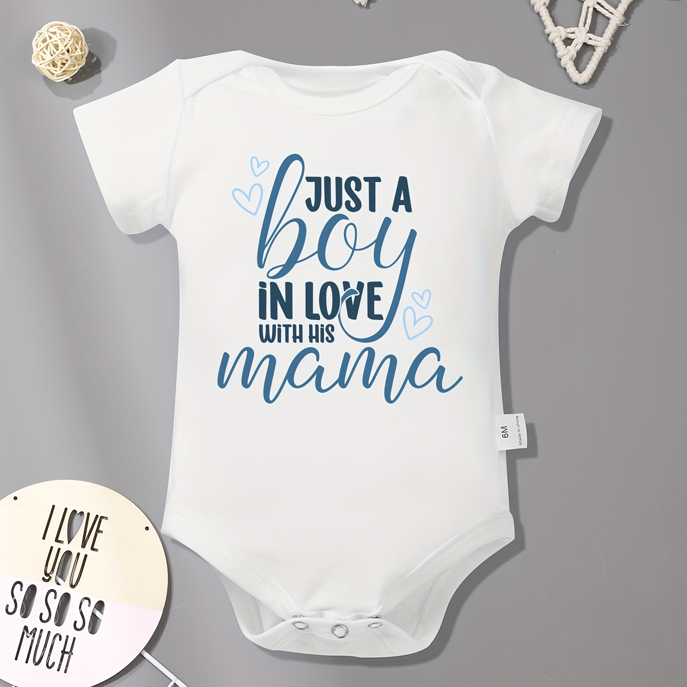 Infant’s “just A Boy In Love With His Mama” Print Bodysuit, Casual Short Sleeve Onesie, Baby Boy’s Clothing