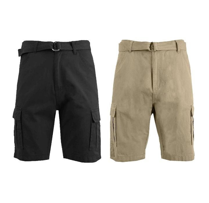 Men's Cotton Chino Shorts with Belt (2-Pack) - Black and Khaki - 30