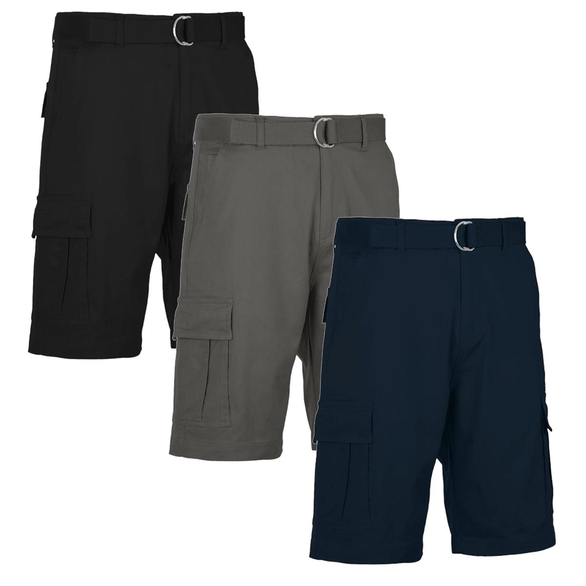 Men's Cotton Flex Stretch Cargo Shorts with Belt (3-Pack) - MCGS-330 / BK-GY-NV / 34