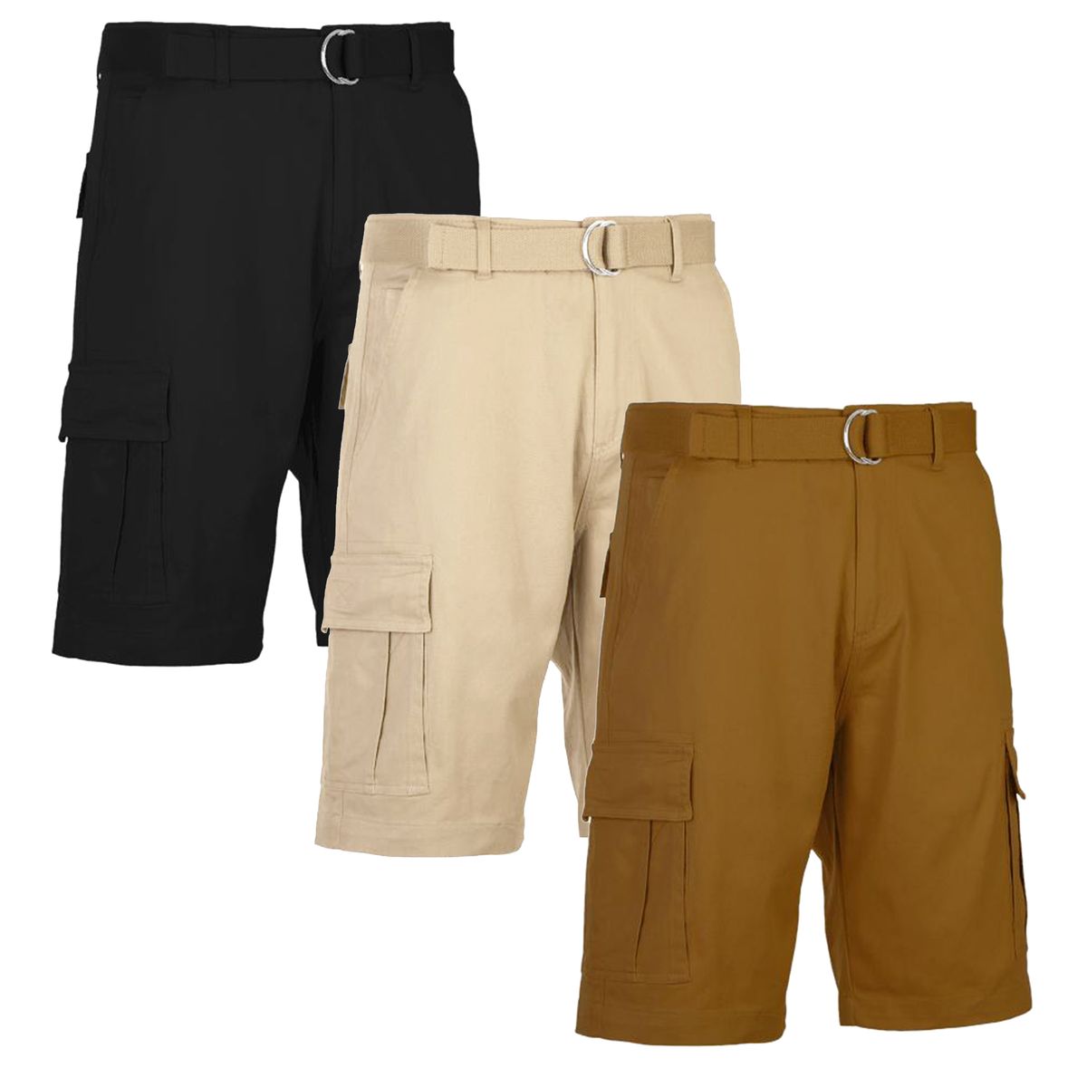 Men's Cotton Flex Stretch Cargo Shorts with Belt (3-Pack) - MCGS-330 / BK-ST-TB / 34