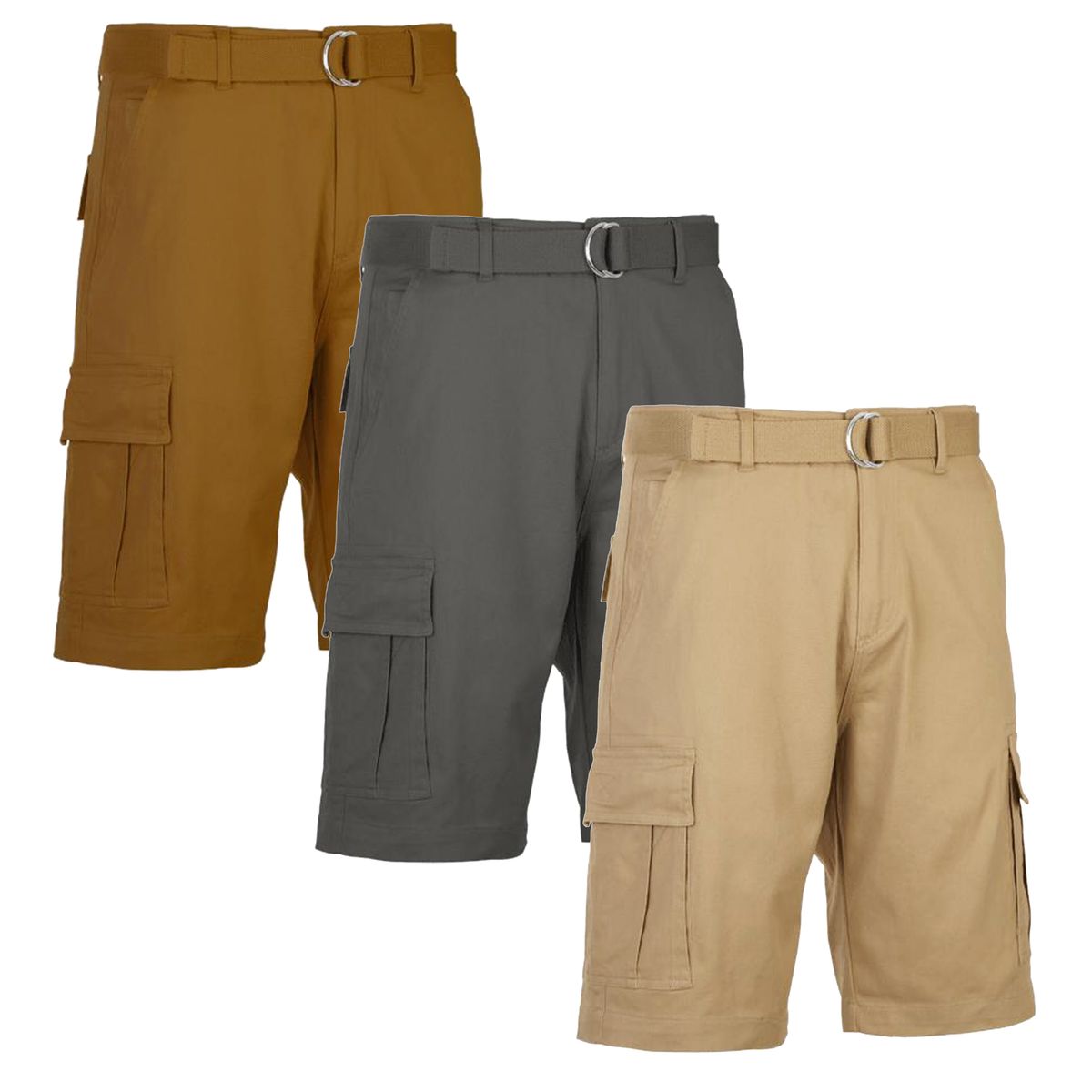 Men's Cotton Flex Stretch Cargo Shorts with Belt (3-Pack) - MCGS-330 / TB-KK-GY / 34