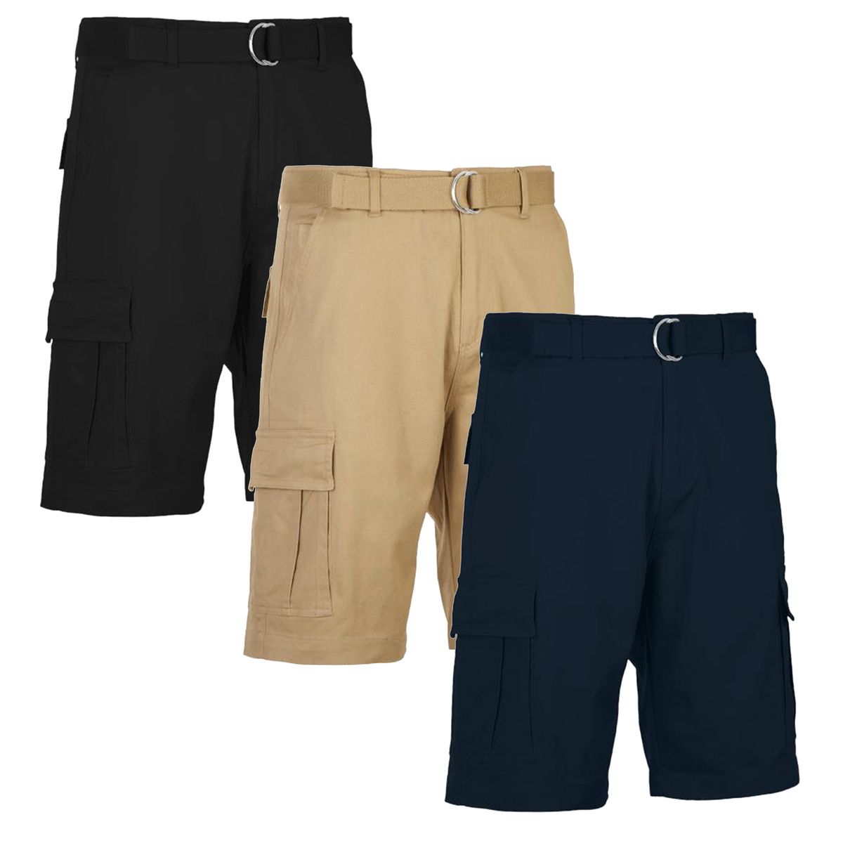 Men's Cotton Flex Stretch Cargo Shorts with Belt (3-Pack) - MCGS-330 / BK-KK-NV / 34