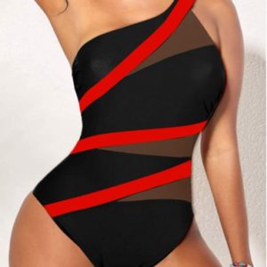 Modlily Asymmetry Black Contrast One Piece Swimwear - XXL