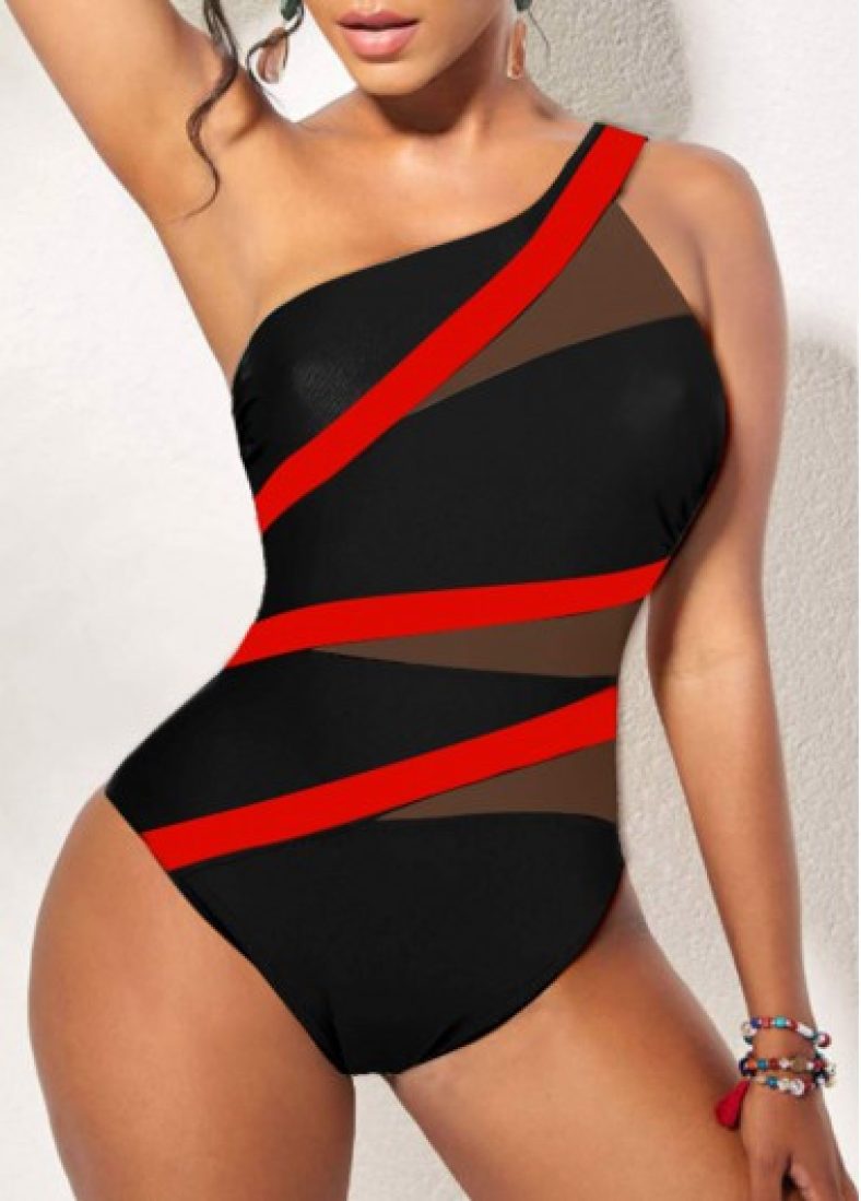 Modlily Asymmetry Black Contrast One Piece Swimwear – XXL