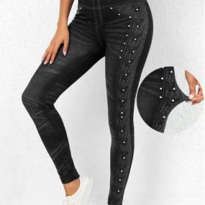 Modlily Beaded Black High Waisted Ankle Length Leggings - 3XL