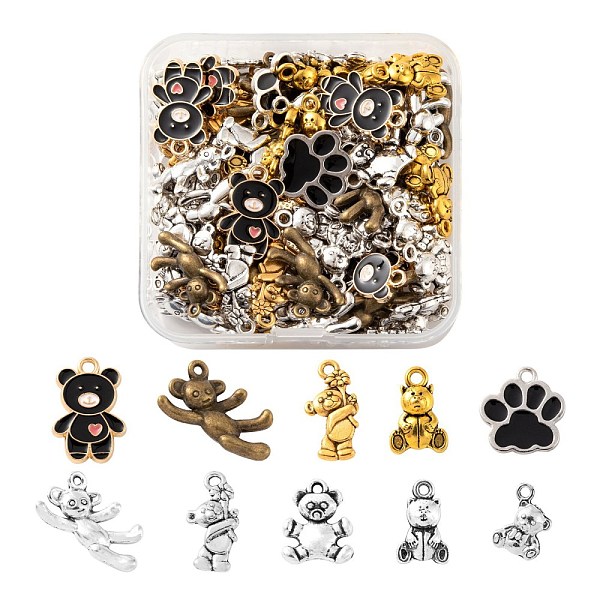 PandaHall 100Pcs 10 Style Tibetan Style Zinc Alloy Pendants & Enamel Alloy Pendants, Bear, Mixed Color, 14.5~19x9~13x1.5~5mm, Hole: 1.5~2mm...