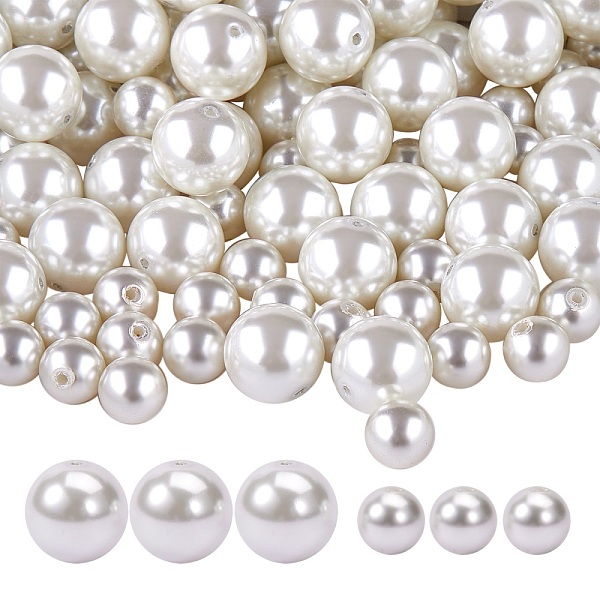 PandaHall 100Pcs 2 Style Glass Pearl Beads, Half Drilled, Pearlized, Round, Creamy White, 50pcs/style Glass Round