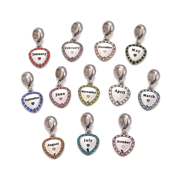 PandaHall 12Pcs 12 Styles 304 Stainless Steel Rhinestone European Dangle Charms, Large Hole Pendants, with Enamel, Stainless Steel Color...